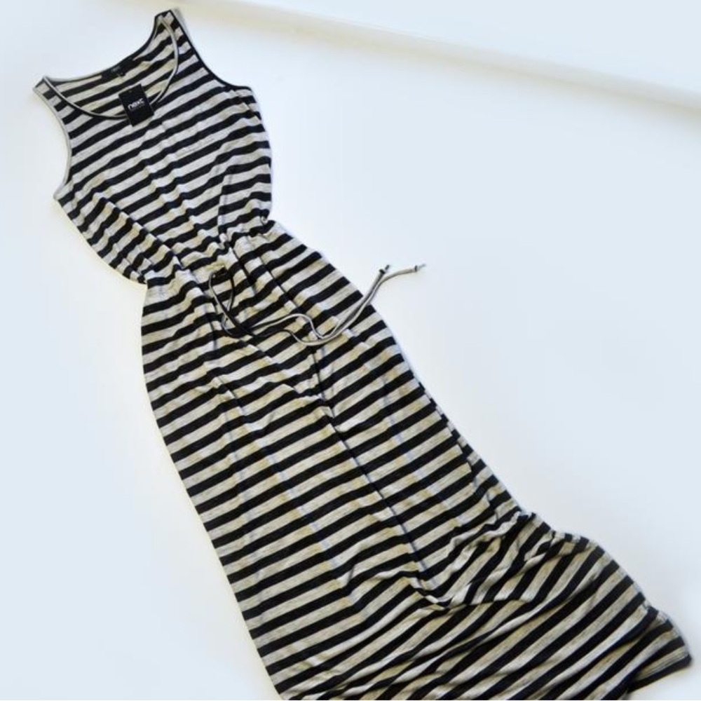 Long striped viscose dress with a drawstring waist in grey-black stripes US 6